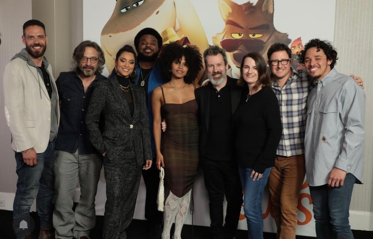 From left - Pierre Perifel (Director), Marc Maron (Mr Snake), Lilly Singh (Tiffany Fluffit), Craig Robinson (Mr Shark), Zazie Beetz (Diane Foxington), Aaron Blabey (Author, Executive Producer), Rebecca Huntley (Producer), Damon Ross (Producer) and Anthony Ramos (Mr Piranha)